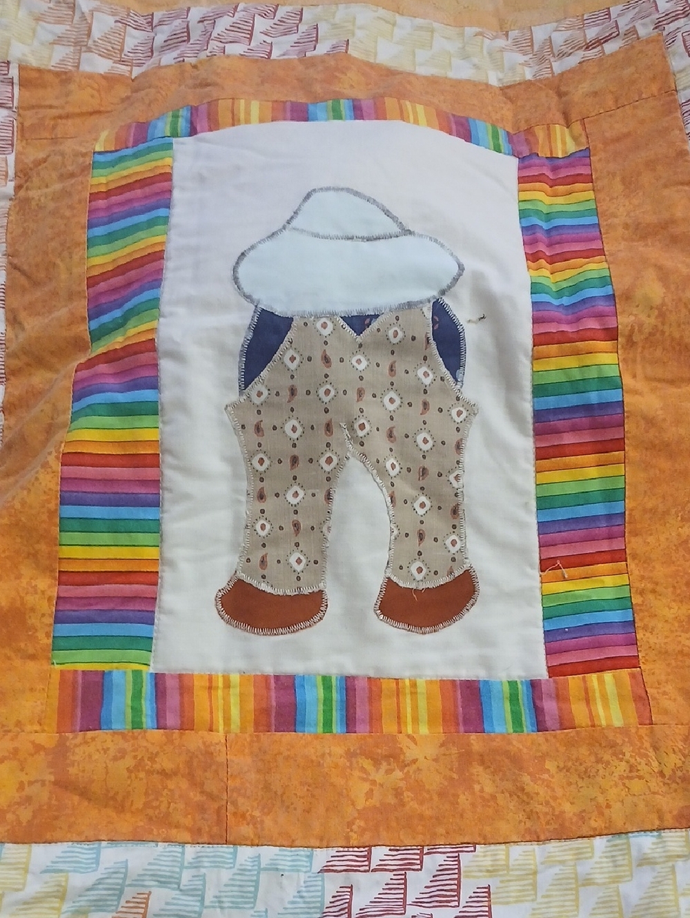 Vintage TapestryHandmade Rainbow Border Baby Quilt with Appliqué Overalls  27x32
